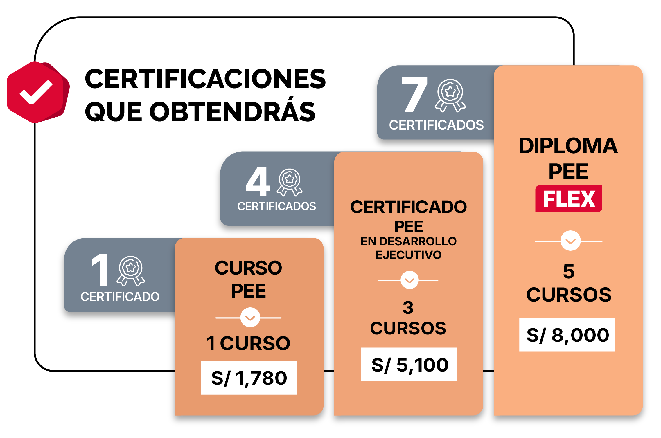 Certificaciones que obtendrás: 1 Certificado - 1 Curso s/ 1,780 , 4 Certificados - 3 Cursos s/ 5,100 , 7 Certificados - 1 Diploma de Especialización PEE - 5 Cursos s/ 8,000