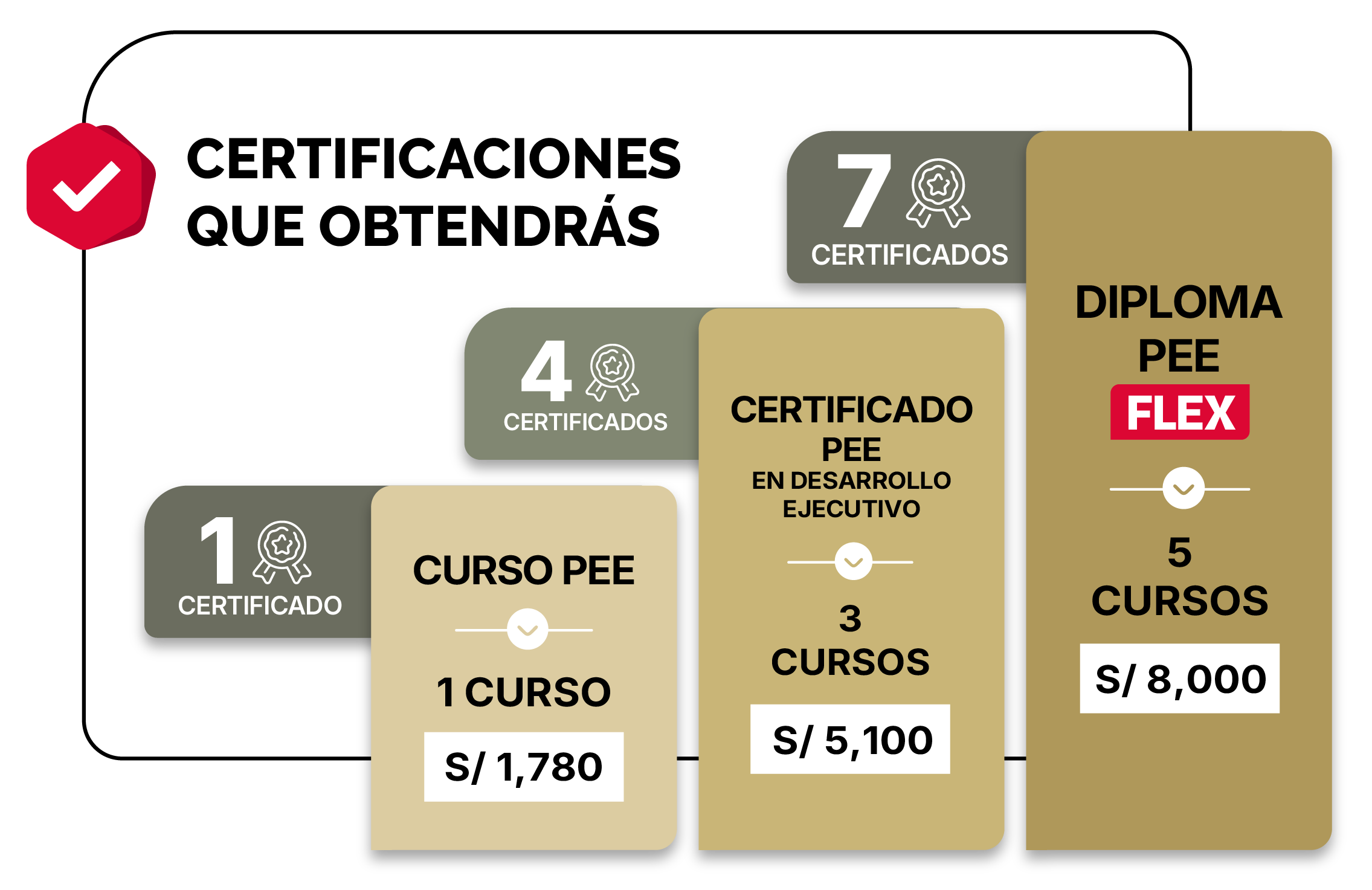 Certificaciones que obtendrás: 1 Certificado - 1 Curso s/ 1,780 , 4 Certificados - 3 Cursos s/ 5,100 , 7 Certificados - 1 Diploma de Especialización PEE - 5 Cursos s/ 8,000